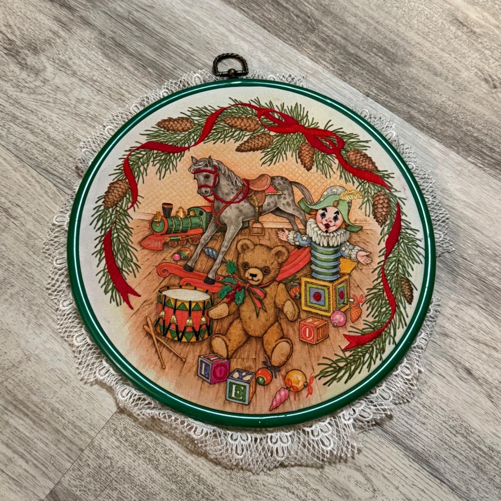 Vintage Christmas Holiday Toys Embroidery Hoop Art Wall Decor